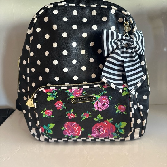 Betsy Johnson backpack with polkadots, stripes roses, and a large bow. NWOT - Picture 3 of 15
